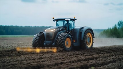 Fototapeta premium Futuristic Tractor with Autonomous Navigation Plowing a Rural Landscape