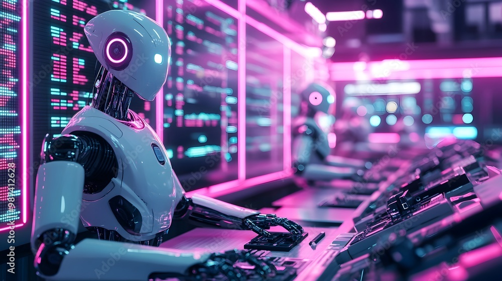 Poster futuristic trading floor dominated by intelligent robots and intelligence systems with glowing neon 
