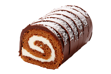 Chocolate Swiss roll cake dusted with powdered sugar and drizzled with chocolate on a transparent background