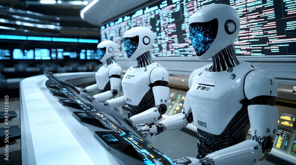 Poster futuristic trading floor filled with quantum powered autonomous robots executing trades through adva