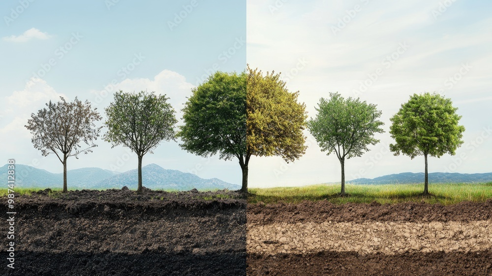 Poster a time-lapse style shot of a tree-planting process, showing different stages from digging to plantin