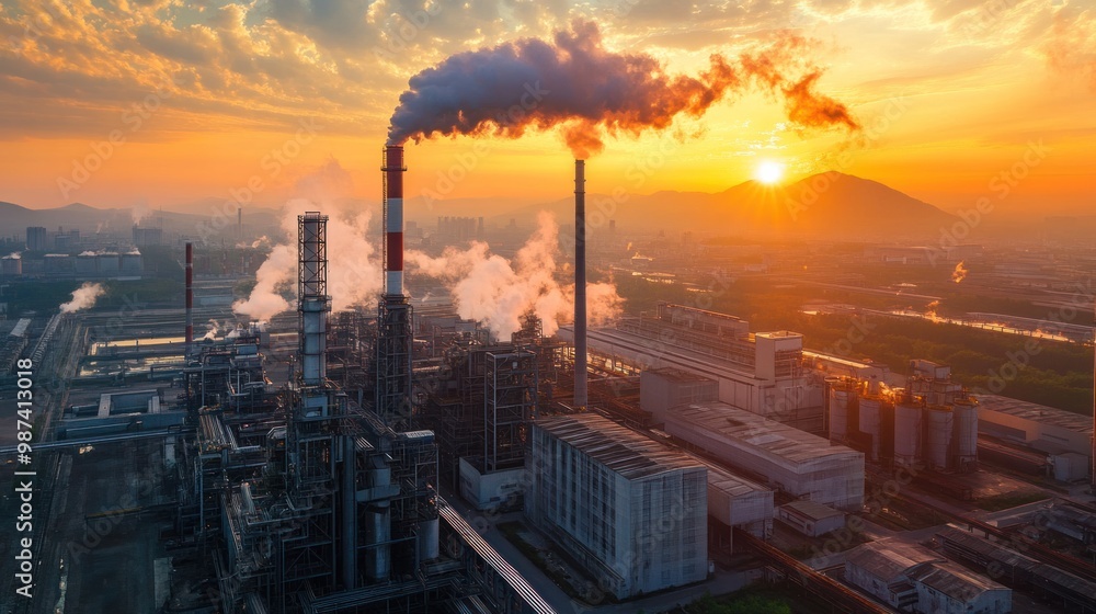 Poster a factory implementing pollution prevention measures, such as cleaner production techniques and wast
