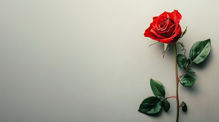 Top view of a blooming red rose with a clean, neutral background, creating a large open area on one side for copy or product details.