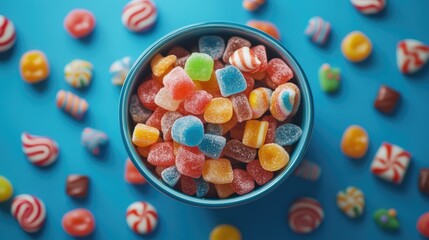 Top view of a bowl filled with a mix of chewy candies, such as taffy and gummies, surrounded by scattered candy pieces. -