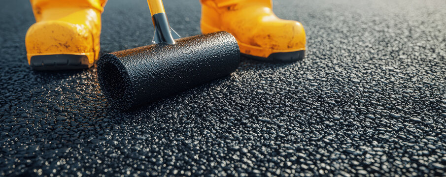 Freshly applied bitumen sealcoating glistens on asphalt surface, showcasing worker in bright yellow boots preparing to finish job with roller