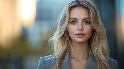 Fototapeta premium a blonde European woman in a business suit, posed outdoors with a blurred city business center behind her, representing modernity and success in the corporate world