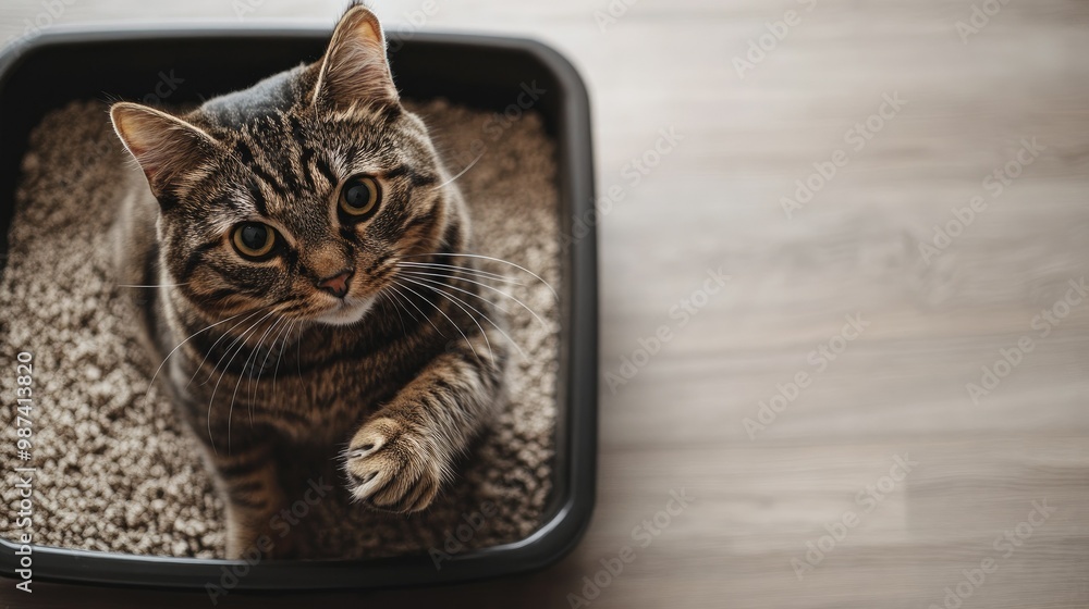 Poster top view of a cat with its front paws in a litter box, leaving ample space on the right side for cop