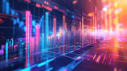 A vibrant 3D financial graph with rising bars and line charts, symbolizing economic growth and success, set against a futuristic digital background