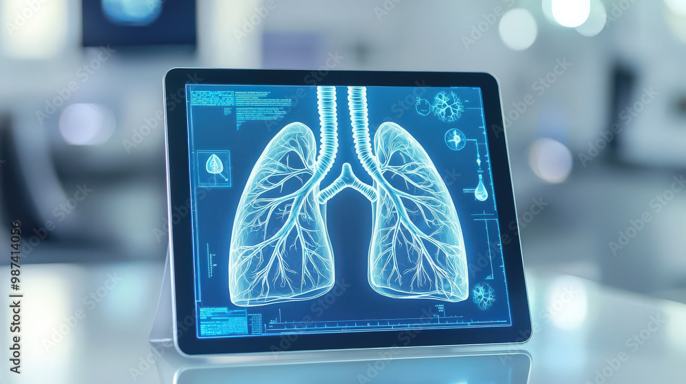 Poster digital tablet displaying detailed lungs with anatomical features and data visualization, showcasing