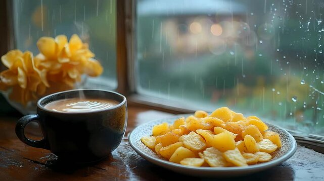 Scenic stunning view: Enjoying coffee and fried potatoes by the window overlooking rain city road Seamless looping 4k time-lapse virtual video animation background.