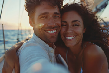 Fototapeta premium Smiling young mixed race couple enjoying sailboat ride on sunny summer day.