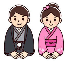 Cartoon children in traditional Japanese costumes