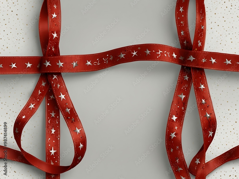 Poster red ribbon with star patterns on a white background.