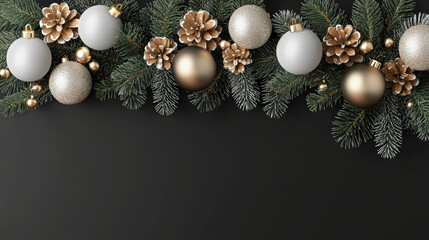 Festive Christmas garland featuring white and gold ornaments, pinecones, and lush green pine branches, perfect for holiday decoration