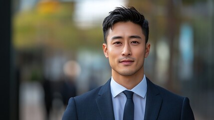 handsome Asian professional in a suit, posing outdoors with a business center blurred in the background, highlighting modern style and sophistication in a lifestyle portrait