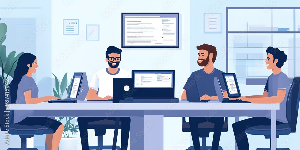 Poster group of business people and software developers working as a team in office