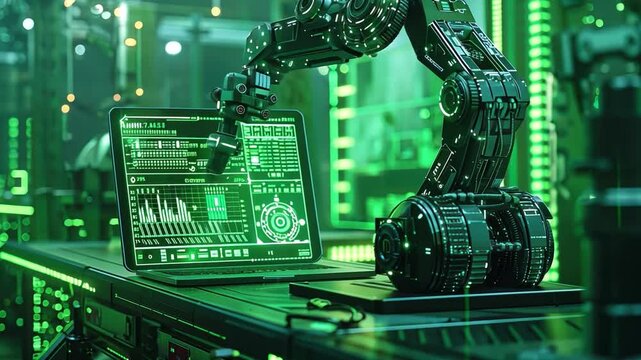 Engineer staff controlling factory robots with a laptop, featuring futuristic HUD graphics that illustrate the interaction between technology and engineering.