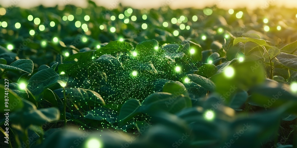 Poster green field of soybean plants with net of glowing dots above them. concept of digital agriculture an