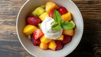 Top view of a dessert bowl filled with colorful fruit salad, topped with a dollop of whipped cream and a sprig of mint.