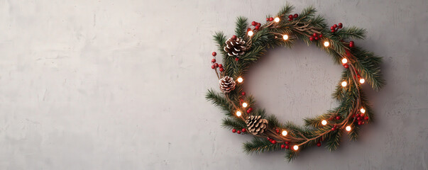 beautiful Christmas wreath adorned with pinecones, red berries, and warm lights, perfect for festive decoration. This rustic piece adds cozy touch to any holiday setting
