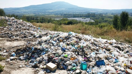 A landfill filled with plastic waste, symbolizing land pollution and the need for sustainable waste management solutions