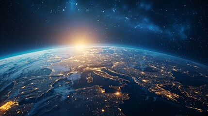 Fototapeta premium 3D Earth with atmospheric clouds and night lights in European regions