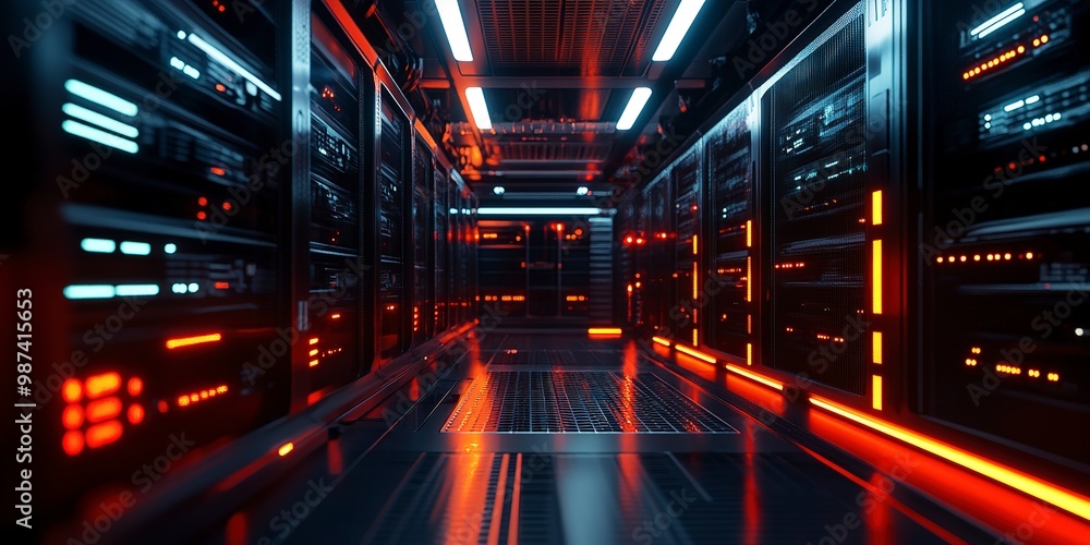 Poster futuristic data center with high-speed racks in server room