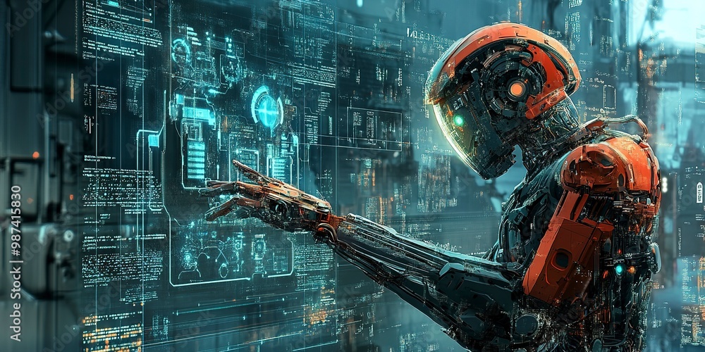 Poster futuristic artificial intelligence robot control system in industry 40 smart factory digital art