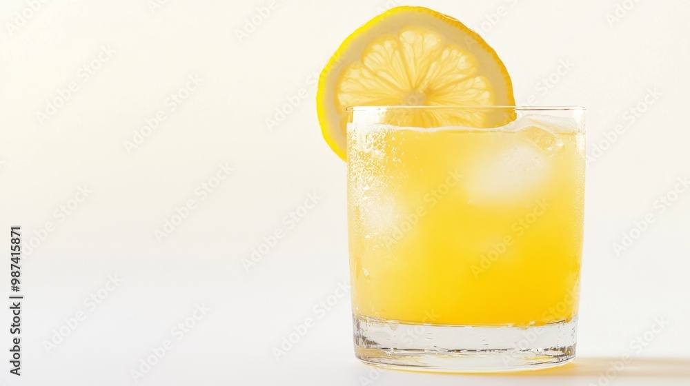 Poster a refreshing lemon juice cocktail with a slice of lemon on the rim of the glass, set on a white back