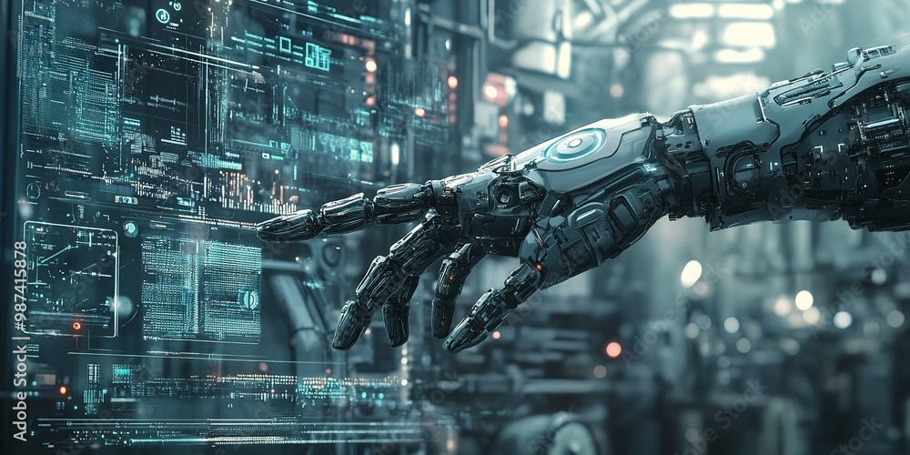 Poster futuristic artificial intelligence robot control system in industry 40 smart factory digital art