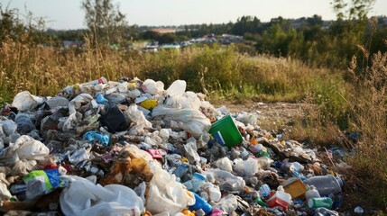 A landfill filled with plastic waste, symbolizing land pollution and the need for sustainable waste management solutions