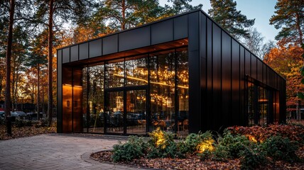Contemporary glass building surrounded by autumn foliage in a serene forest setting.