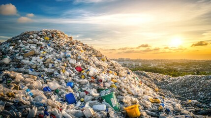 A landfill site filled with plastic waste, representing land pollution and the need for better waste management and recycling programs