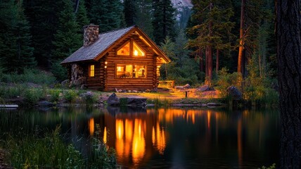 Cozy cabin by a serene lake surrounded by tall trees at dusk.