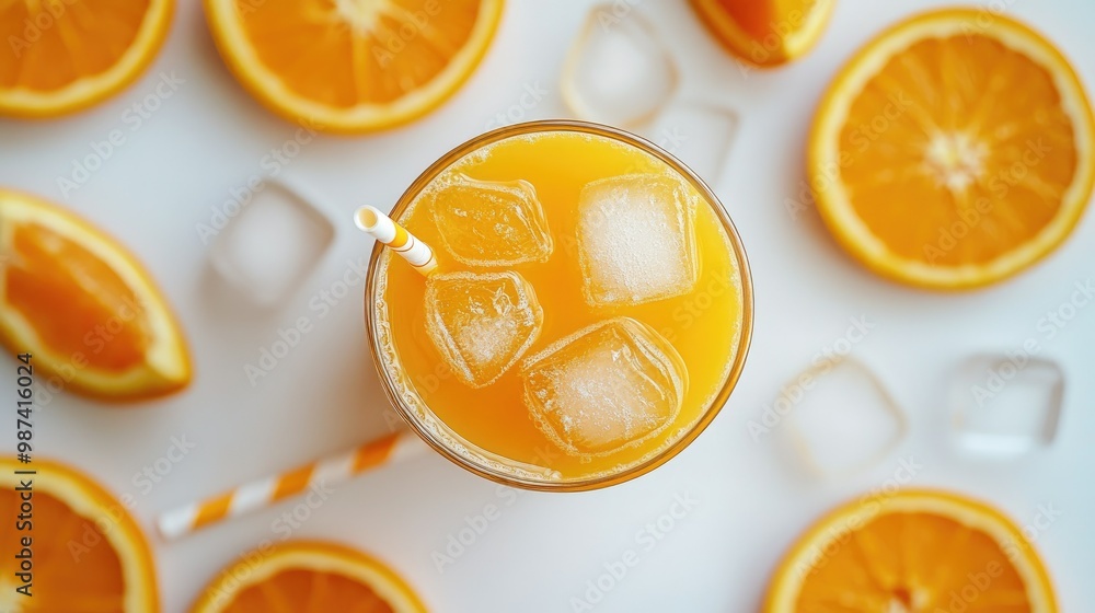 Poster top view of a glass of freshly squeezed orange juice with ice cubes, surrounded by sliced oranges an