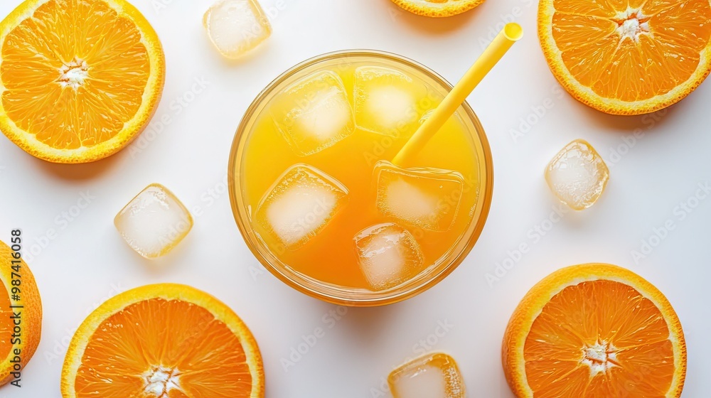 Poster top view of a glass of freshly squeezed orange juice with ice cubes, surrounded by sliced oranges an