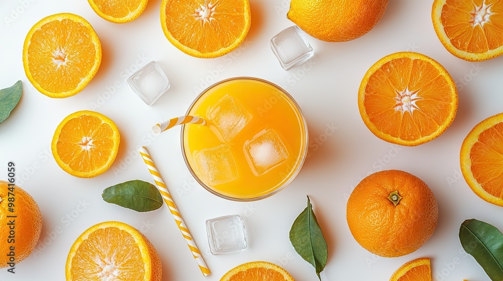 Poster top view of a glass of freshly squeezed orange juice with ice cubes, surrounded by sliced oranges an