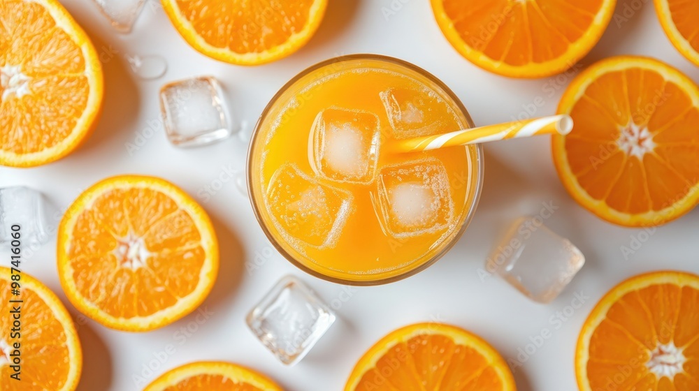 Poster top view of a glass of freshly squeezed orange juice with ice cubes, surrounded by sliced oranges an