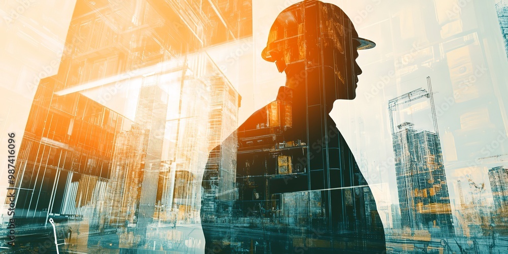 Poster future building construction engineering project with double exposure graphic design building engine