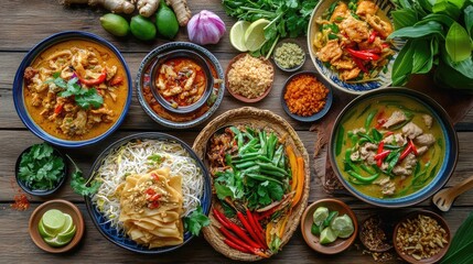 Fototapeta premium A vibrant spread of classic Thai dishes, including pad Thai, green curry, and tom yum soup, beautifully arranged on a wooden table, inviting viewers to indulge.