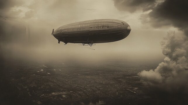 aerial shot of a zeppelin navigating above the landscape, highlighting the charm of vintage air travel and the stunning views from high altitude