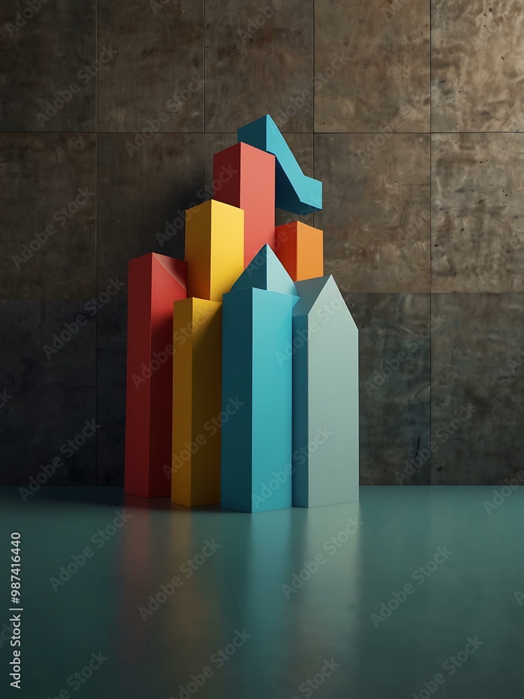 Poster rising zigzag arrow against colorful blocks, symbolizing progress.