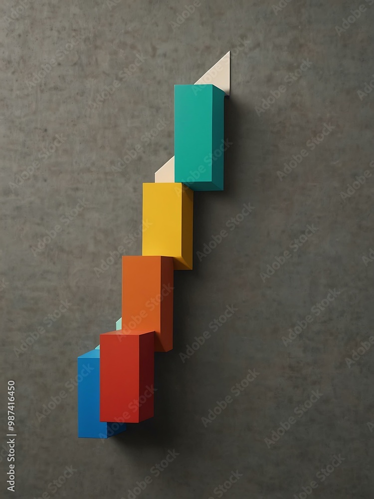 Poster rising zigzag arrow against colorful blocks, symbolizing progress.