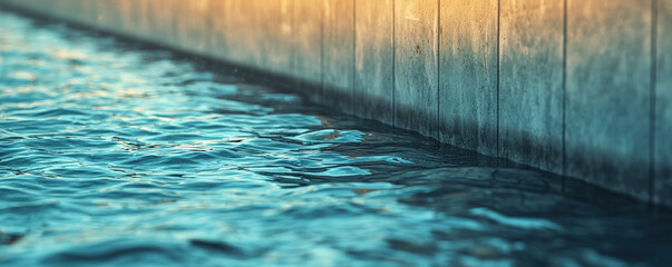 tranquil water reflects warm light, creating serene atmosphere by concrete wall. gentle ripples add to peaceful scene, inviting calmness and reflection