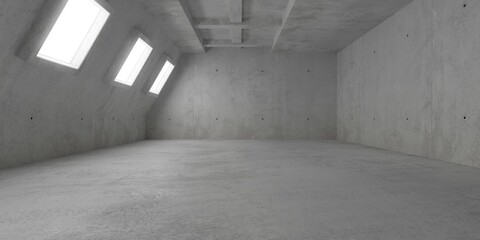 Abstract empty, modern concrete room with row of angled square light windows in the side wall and rough floor - industrial interior background template