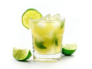 A caipirinha in a short glass with lime slices on a white background