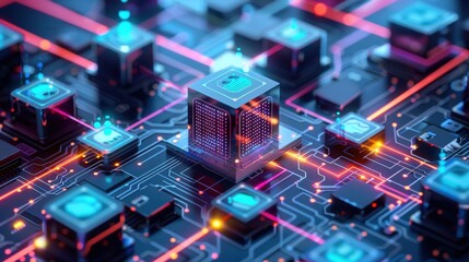 Obraz premium Futuristic Circuit Board with Glowing Microchips and Data Flow