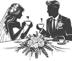 Wedding husband and wife are sitting at the table and drinking coffee silhouette vector design