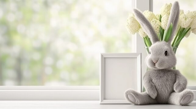 A serene nursery space showcases a soft-colored bed with a bunny toy and a blank picture frame on the wall, enhanced by gentle sunlight filtering through the window