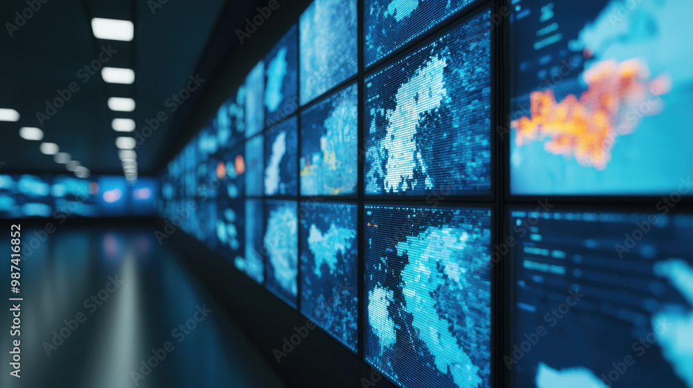 Aufkleber digital display of global data visualization in modern control room, showcasing maps and analytics. 